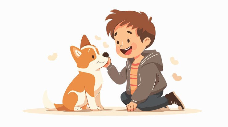 Vettore un giovane ragazzo allegro che accarezza un cane in stile cartone animato