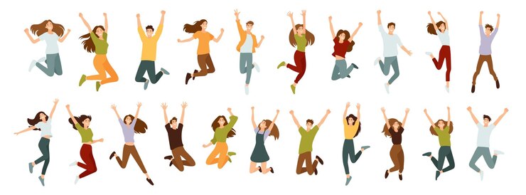 Vettore un grande gruppo di persone che si abbracciano in stile piatto uomini e donne sono in una postura dinamica di salto