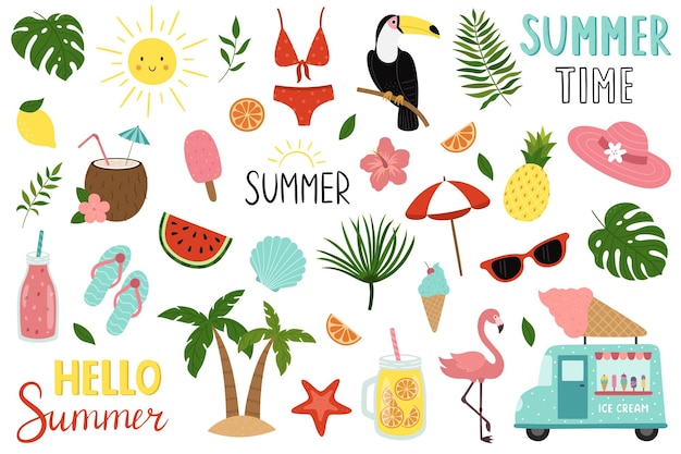Un grande set estivo Elementi di cartone animato carino