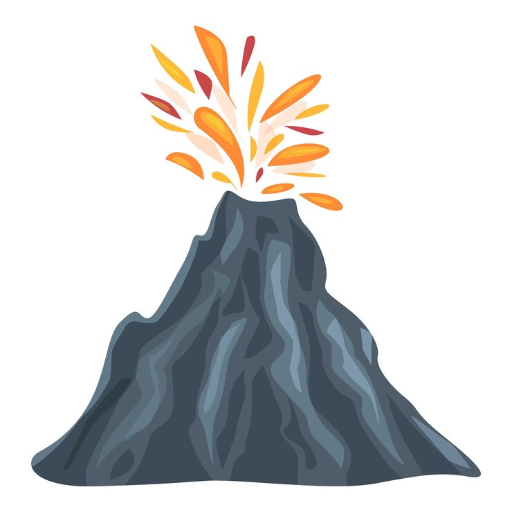 Vettore un grande vulcano in eruzione con lava fusa che sputa dal suo cratere
