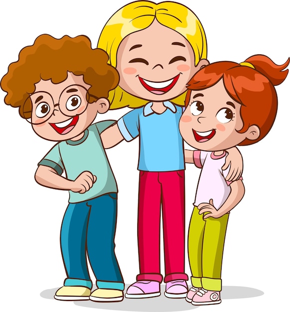 Un gruppo di bambini si abbraccia e sorride.