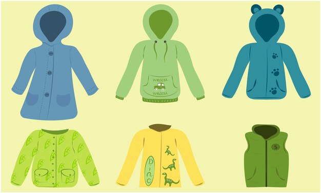 Un gruppo di diversi capi di abbigliamento tra cui una felpa con cappuccio con sopra un animale verde.