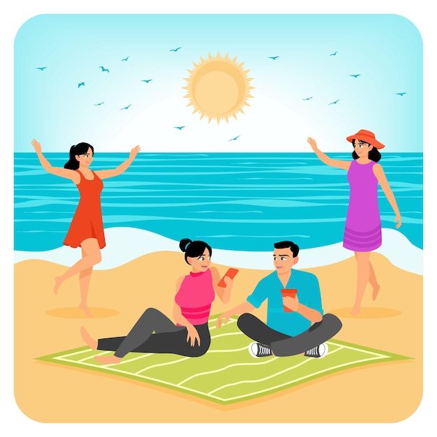 Un gruppo di giovani uomini e donne che fanno un picnic in riva al mare