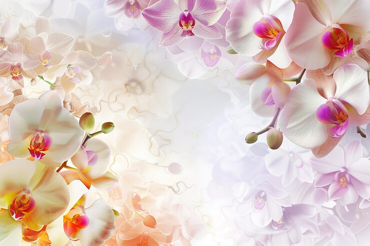 Vettore un gruppo di orchidee colorate in un vaso in piedi su uno sfondo bianco nello stile di un arancione chiaro