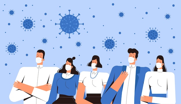 Un gruppo di persone con maschere mediche guarda il coronavirus 2019-nCoV che vola nell'aria. Giovani uomini e donne affrontano il nuovo virus. Il concetto di combattere COVID-2019. Piatto