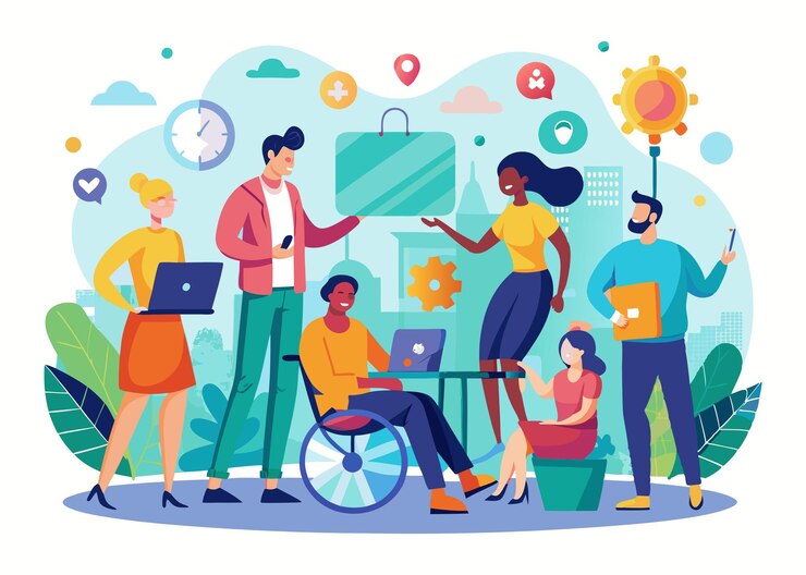 Vettore un gruppo di persone sono in piedi intorno a un tavolo con laptop e un cartello che dice quote persone quote