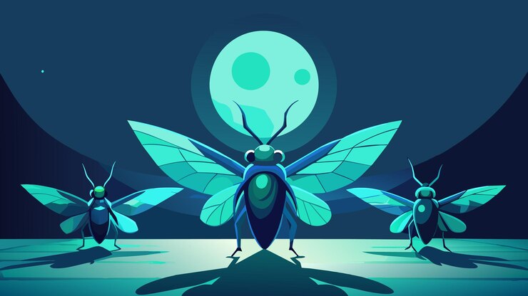 Vettore un gruppo di piccole creature simili a insetti stella lungo il terreno le loro ali iridescenti che riflettono il