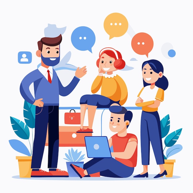 Un gruppo di quattro persone diverse sta discutendo di un progetto su un laptop stanno lavorando insieme come una squadra e collaborando a un compito