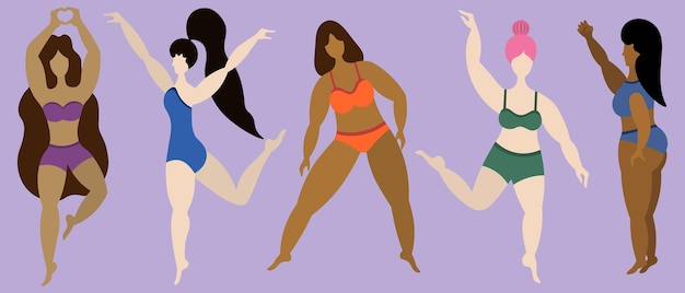 Un gruppo di ragazze di diversi tipi di corporatura e toni della pelle ballerine in uno stile piatto