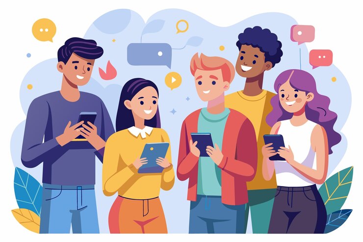 Vettore un gruppo diversificato di cinque amici che usano felicemente smartphone e tablet insieme mostrando di essere connessi e di godersi la compagnia degli altri