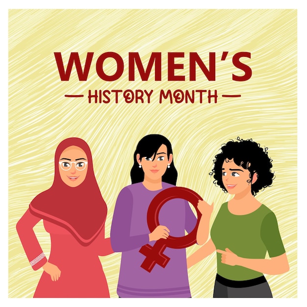 Un gruppo diversificato di donne celebra il Mese della Storia delle Donne Uguali diritti delle donne Mese della storia delle Donne 2025 concetto Illustrazione vettoriale piatta