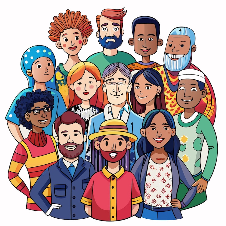 Vettore un gruppo diversificato di personaggi dei cartoni animati stanno insieme sorridendo e guardando lo spettatore