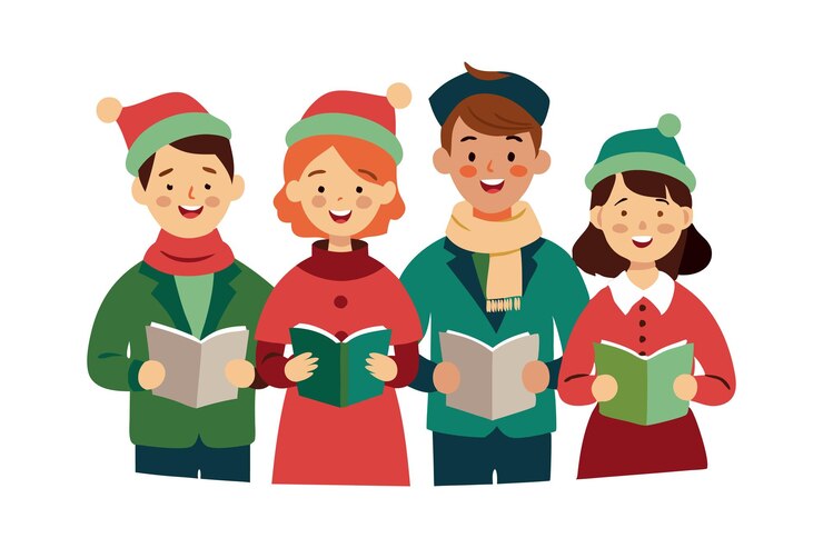 Vettore un gruppo felice di bambini che cantano canzoni di natale in abiti invernali