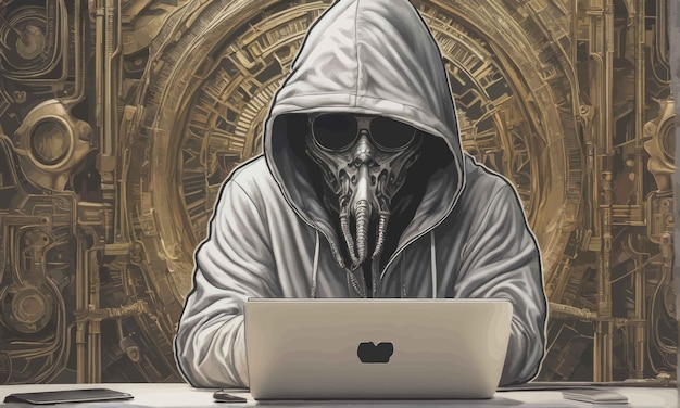 un hacker con un laptop hacker con un computer portatile hacker con maschera