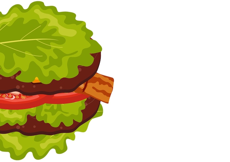 Vettore un hamburger con verdure fritte e pancetta e foglie invece di un panino
