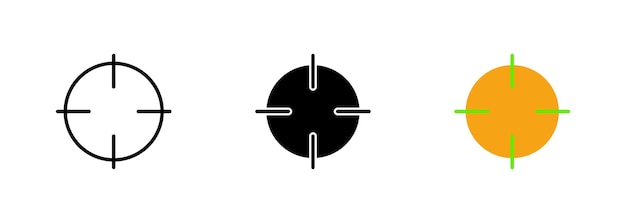 Un'icona di un mirino o di un reticolo di puntamento utilizzato per mirare a un bersaglio nei giochi di tiro o di caccia Insieme vettoriale di icone in linea nera e stili colorati isolati