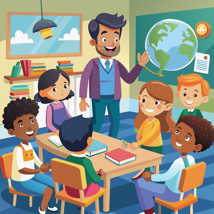 Vettore un'illustrazione a cartone animato di bambini in una classe con un uomo che fa un discorso