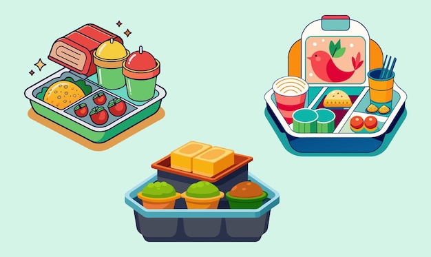 un'illustrazione a cartone animato di un carrello di cibo con cibo e un bidone con una scatola di cibo in esso set di scatola da pranzo