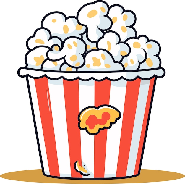 un'illustrazione a cartone animato di un contenitore a strisce rosse e bianche con popcorn in esso