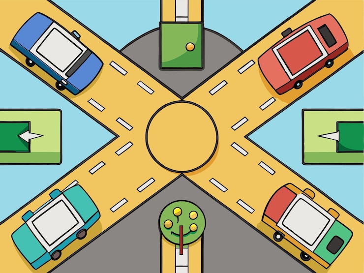 Vettore un'illustrazione a cartone animato di un passaggio pedonale con auto e un passaggio per pedoni