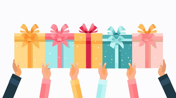 Vettore un'illustrazione a cartone animato di un uomo che tiene una scatola con un regalo colorato avvolto in carta da confezionamento colorata