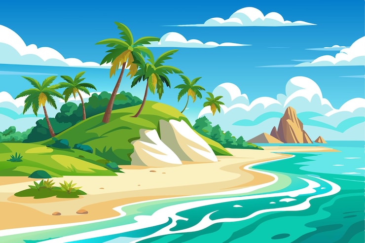 Vettore un'illustrazione a cartone animato di una scena sulla spiaggia con palme e una scena in spiaggia