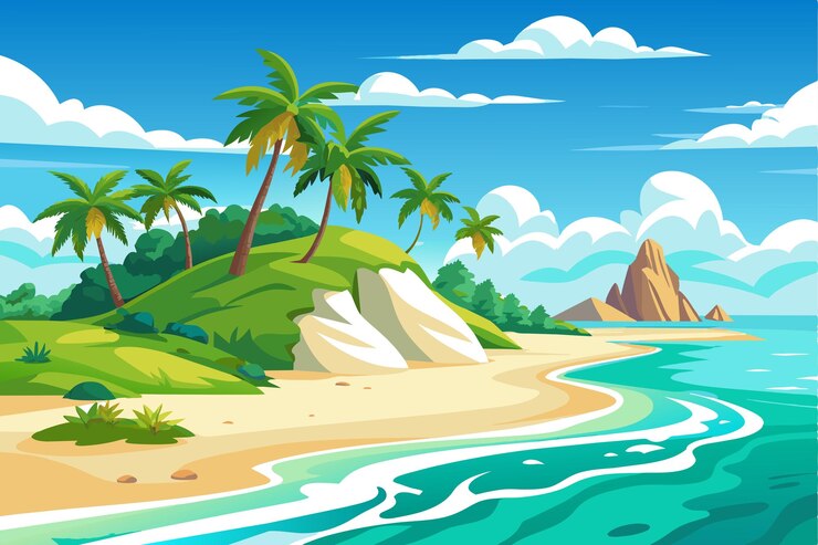Vettore un'illustrazione a cartone animato di una scena sulla spiaggia con palme e una scena in spiaggia