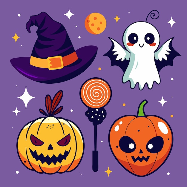 Un'illustrazione a tema Halloween con un cappello da strega, un fantasma, una zucca, un lecca-lecca e una luna piena.