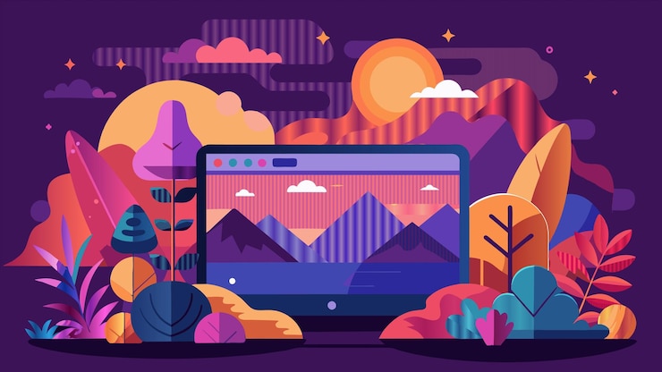 Vettore un'illustrazione artistica digitale di un tramonto con montagne e un laptop