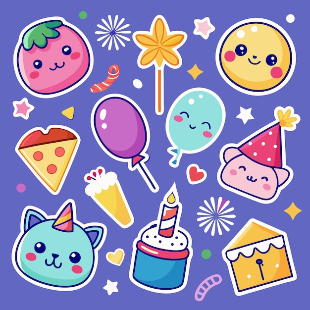 Un'illustrazione carina e colorata di vari oggetti tra cui una fragola una stella una luna un palloncino una torta una pizza e un gatto tutti con facce felici e bordi bianchi