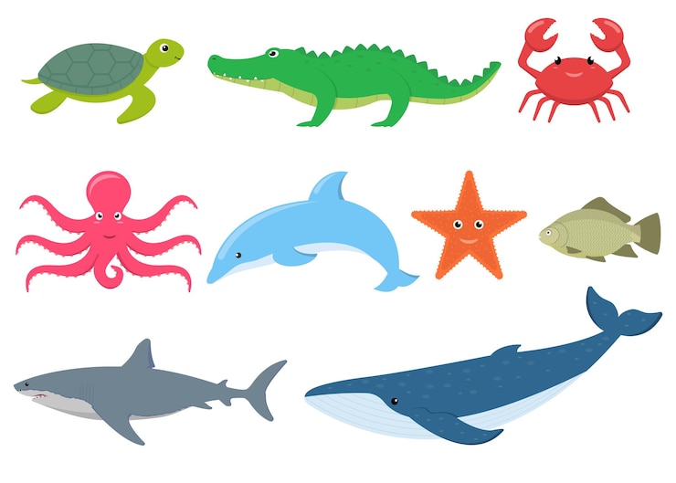 Vettore un'illustrazione coinvolgente e colorata che mostra una varietà di diverse creature marine e acquatiche