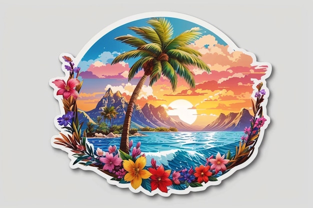 Un'illustrazione colorata di un'isola tropicale con un vulcano e palme