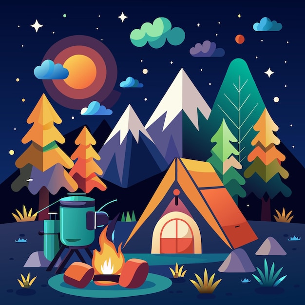 un'illustrazione colorata di una tenda da campeggio con montagne e alberi sullo sfondo