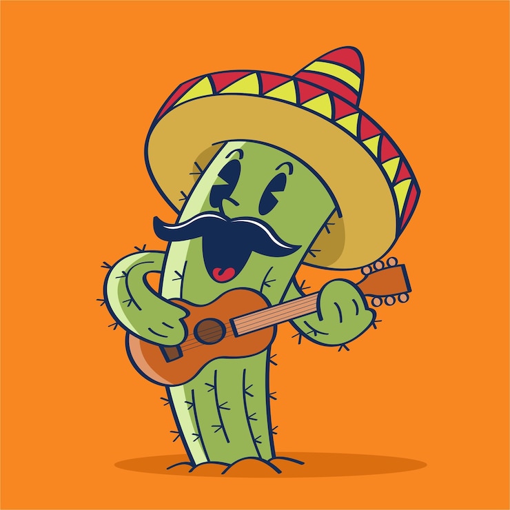 Vettore un'illustrazione del fumetto di un cactus con i baffi che indossa un sombrero e suona il drawi della mano della chitarra