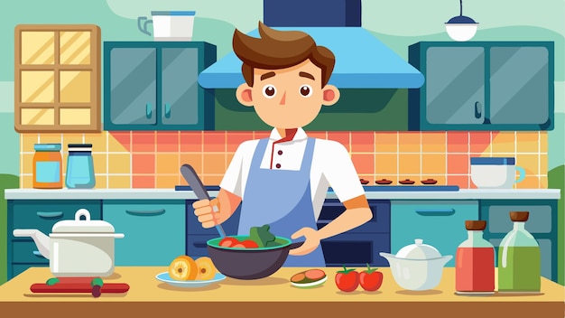 un'illustrazione di cartone animato di un ragazzo che cucina in una cucina con un coltello e una forchetta