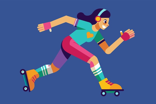 Un'illustrazione di cartone animato di una donna felice che pattina con le cuffie indossa abiti colorati e ha un sorriso luminoso sul viso