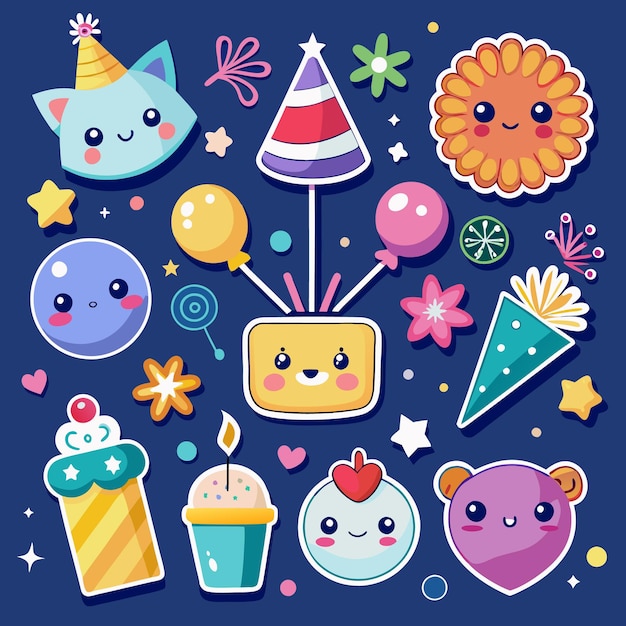 Un'illustrazione di festa carina e colorata con personaggi e elementi di festa su uno sfondo blu
