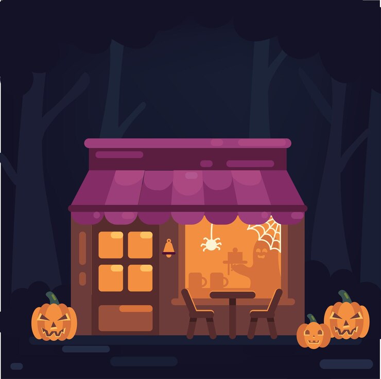 un'illustrazione di Halloween di una casa con zucche sulla parte anteriore