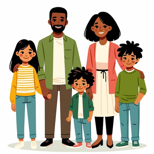un'illustrazione di un cartone animato di una famiglia felice di quattro persone in piedi insieme e in posa per un ritratto