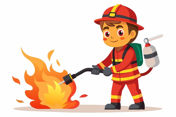 Vettore un'illustrazione di un personaggio dei vigili del fuoco dei cartoni animati in un casco uniforme rosso e stivali in piedi con un tubo che spruzza acqua su un fuoco