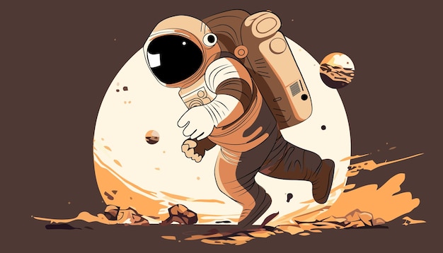 Un'illustrazione di un uomo con una tuta da astronauta arancione con una faccia in bianco e nero.