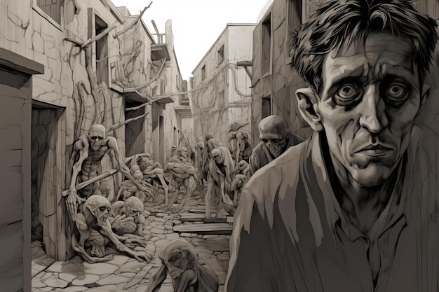 Un'illustrazione di un uomo in una città con zombie intorno a lui