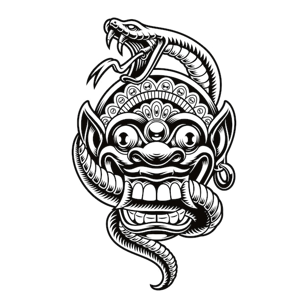 Un'illustrazione di una maschera tradizionale di Bali con un serpente. Questo disegno può essere utilizzato come stampa di una camicia e per molti altri usi.