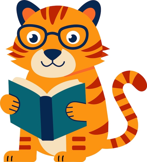 un'illustrazione di una piccola tigre carina che legge un libro