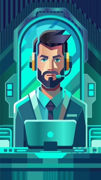 un'illustrazione digitale di un uomo in abito con un microfono e un monitor con le parole hes un pilota su di esso
