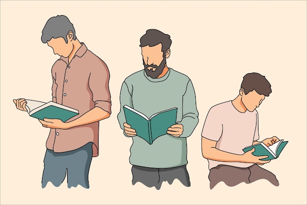 Un'illustrazione in stile cartone animato raffigura tre uomini senza volto in diverse pose che leggono libri