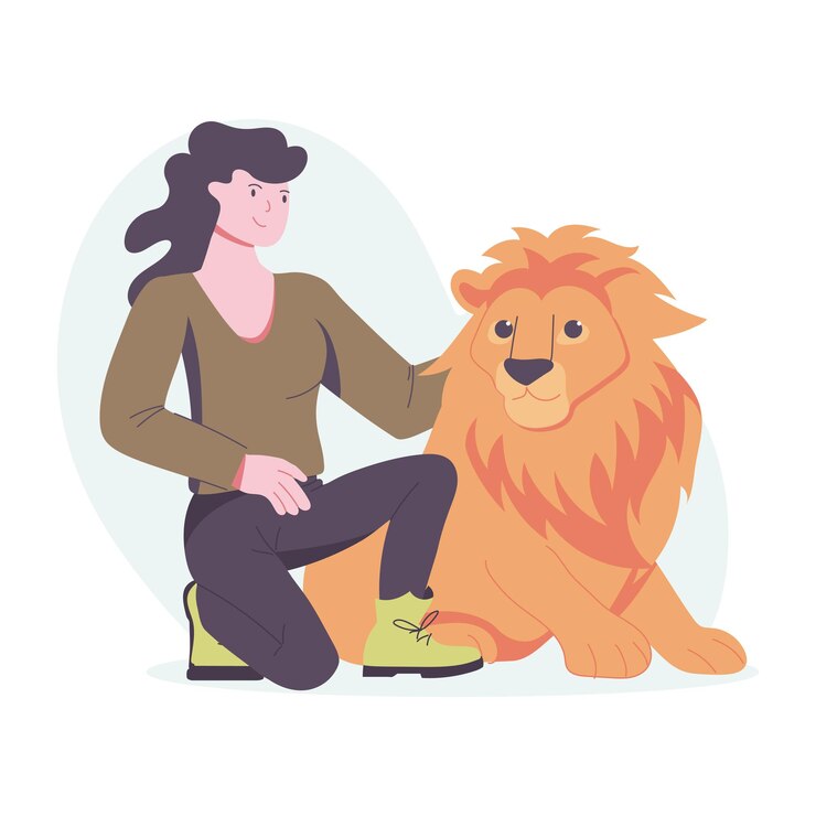 Vettore un'illustrazione in stile piatto di una donna che accarezza un leone