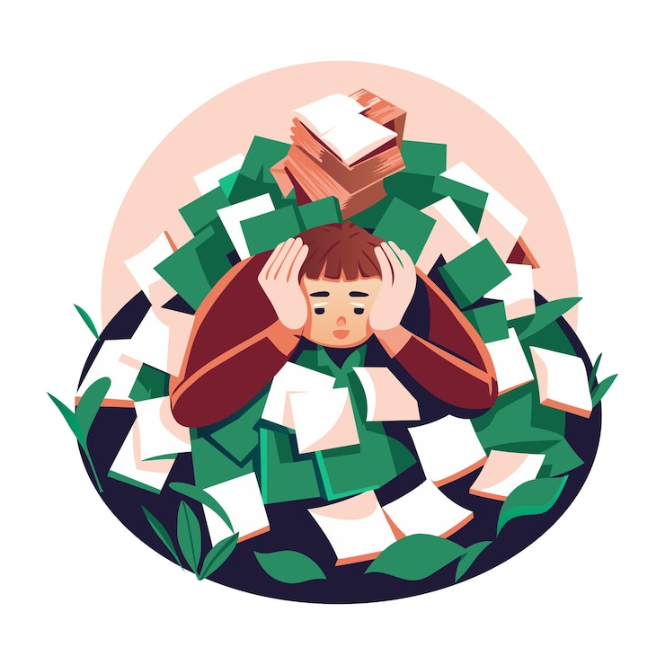 Vettore un'illustrazione in stile piatto di una persona che subisce stress a causa del carico di lavoro