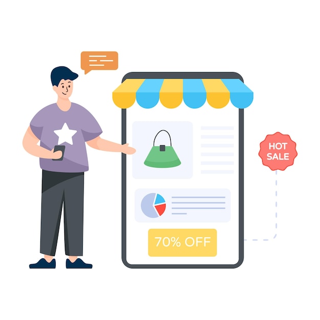 Un'illustrazione piatta di e-commerce di concetto di shopping online