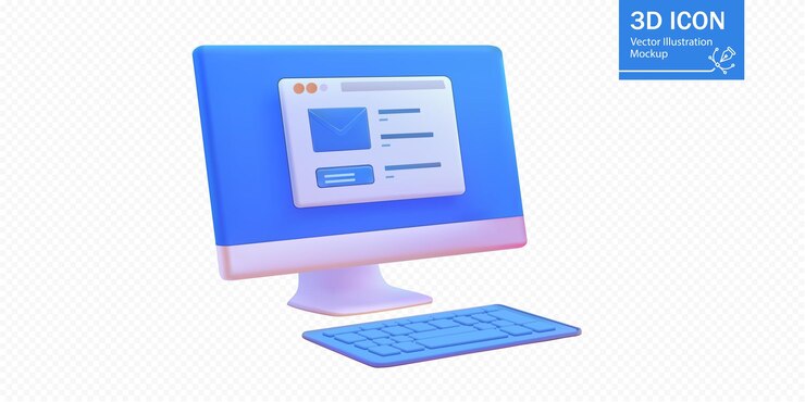 Vettore un'illustrazione vettoriale 3d vibrante di un computer desktop che mostra un'interfaccia di posta elettronica il design presenta un monitor blu elegante e una tastiera corrispondente ideale per la comunicazione digitale